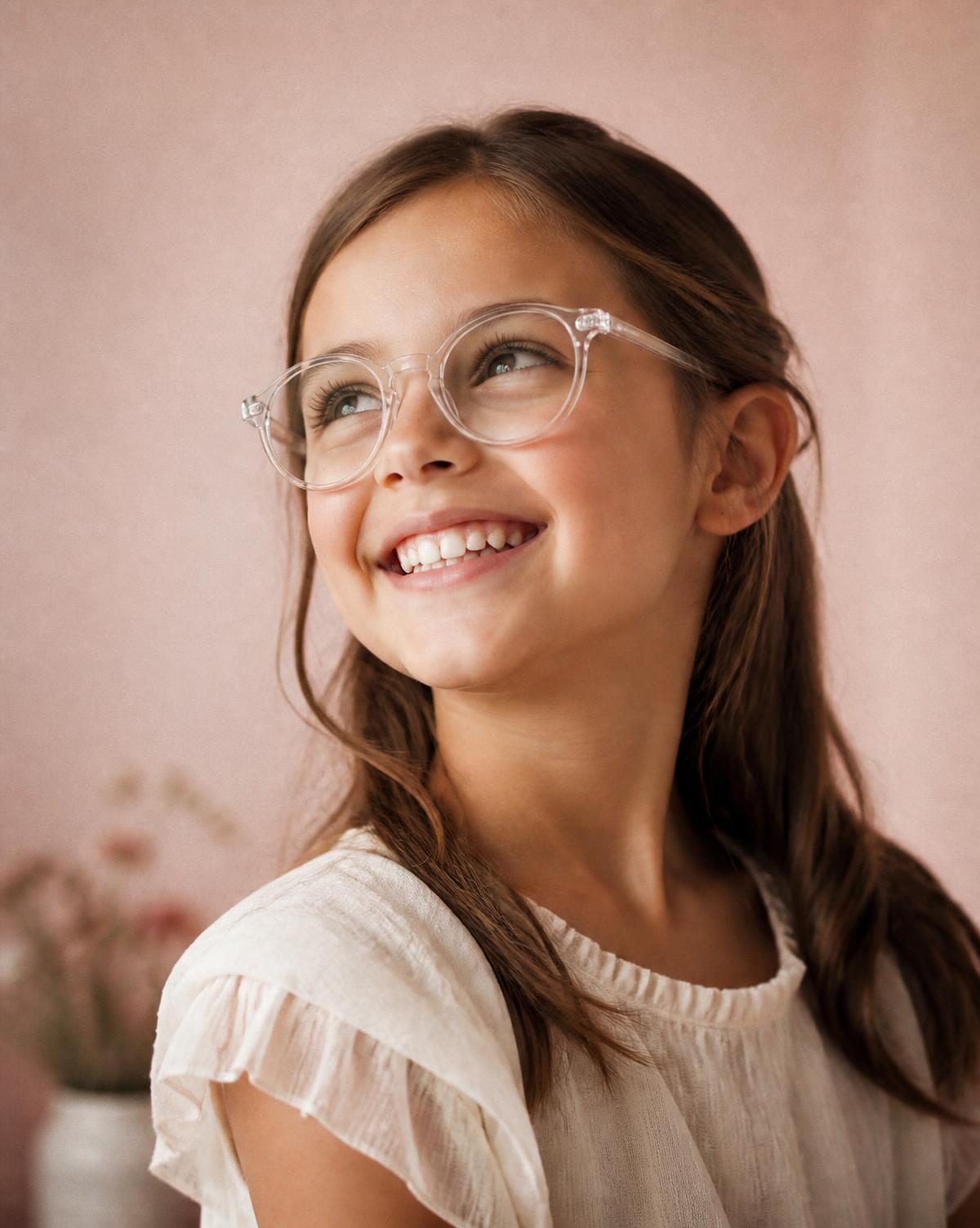 Smiling young girl wearing clear-framed glasses
